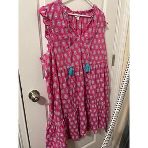 J Crew block print pink dress Sz 3X pink floral sleeveless midi EUC